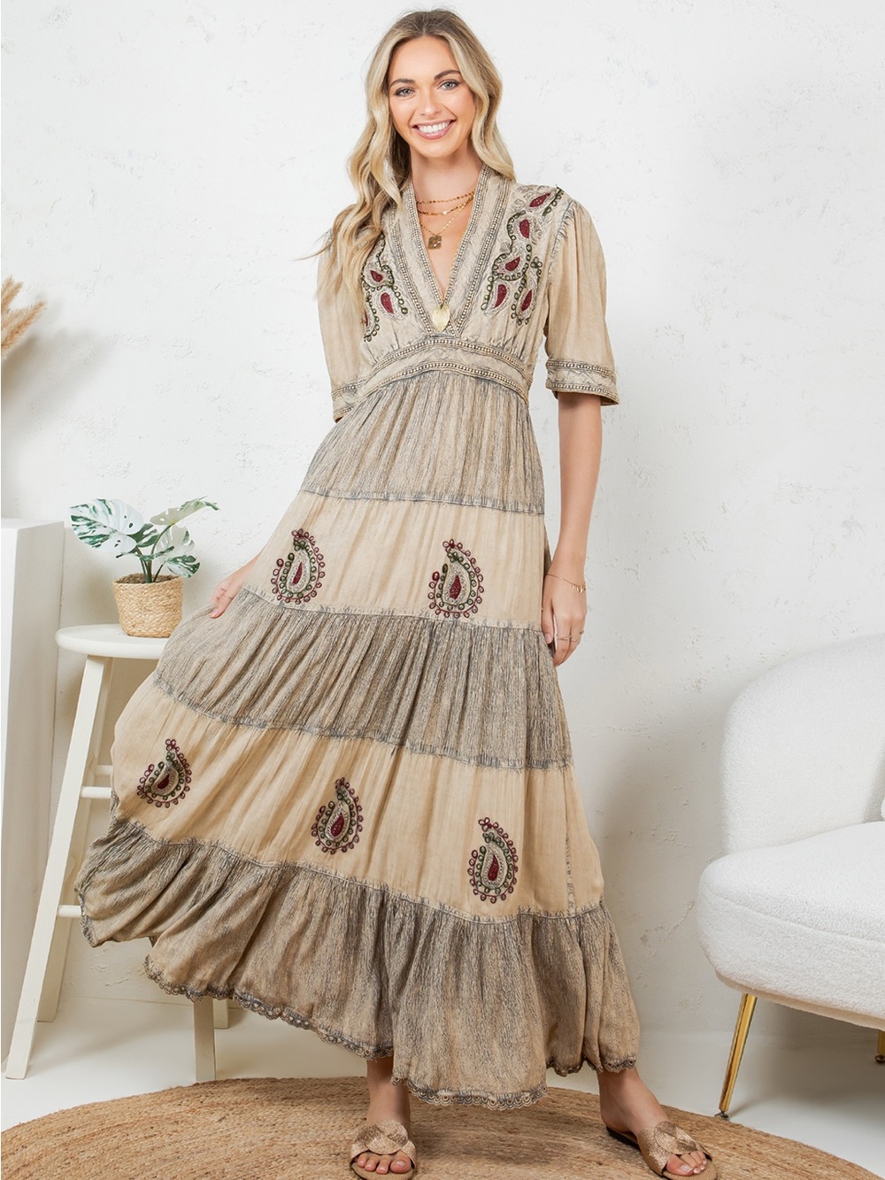 Embroidered V-Neck Tiered Maxi Dress in Beige with Paisley Detail